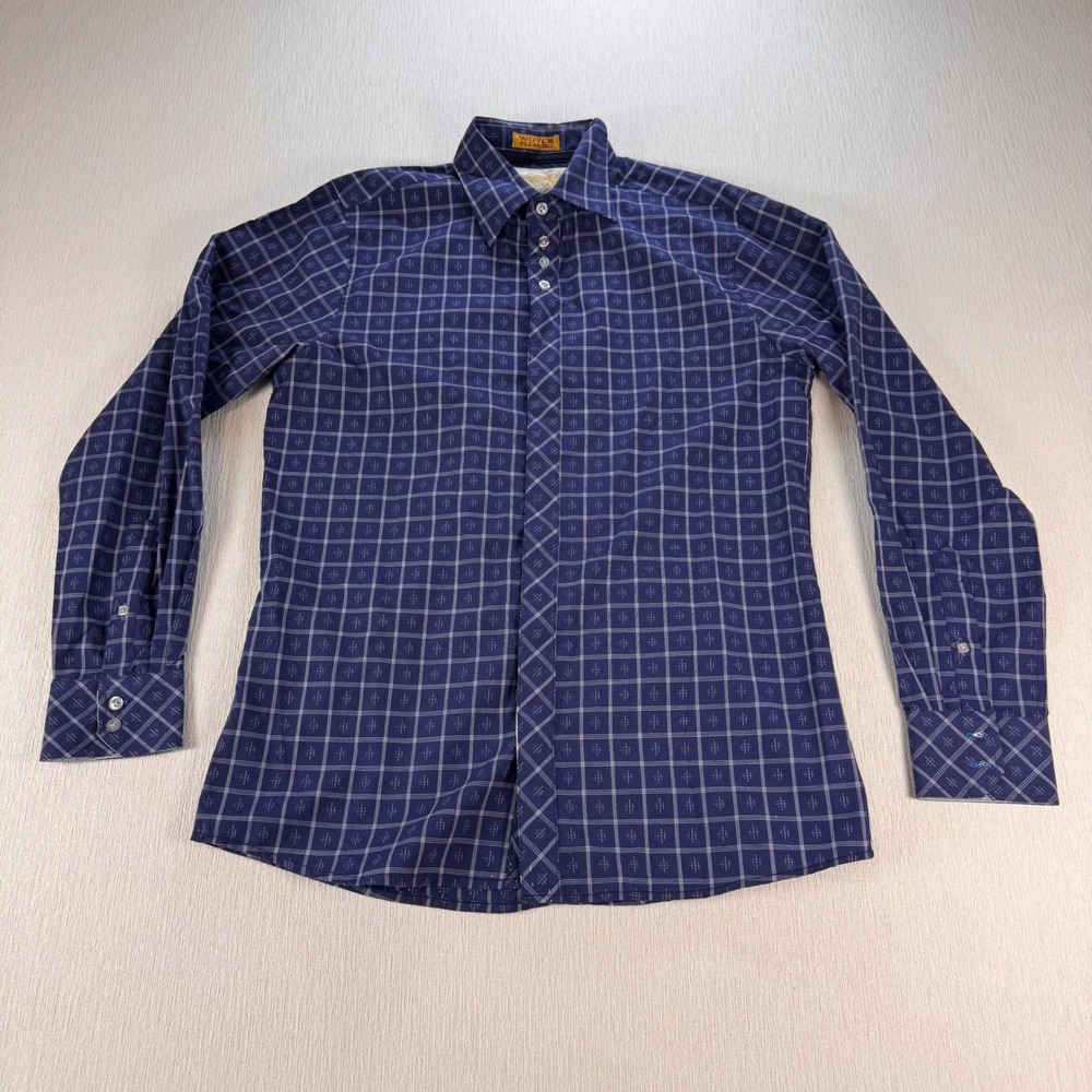 Y2K Sovereign Code Chet Mens Blue Geometric Grid Long Sleeve Button Down Shirt S